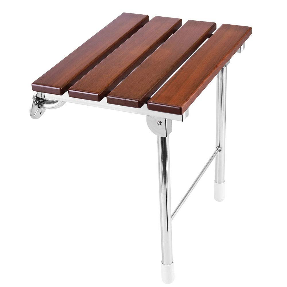 JCWANGDEFU Folding Shower Seat Wall Mounted Bathroom Bathtub Safety Stool Chair, Solid Wood, with Support Legs, Load of 350 lbs, 14.88"(L)*12"(W)*17.12"(H) (Wood)