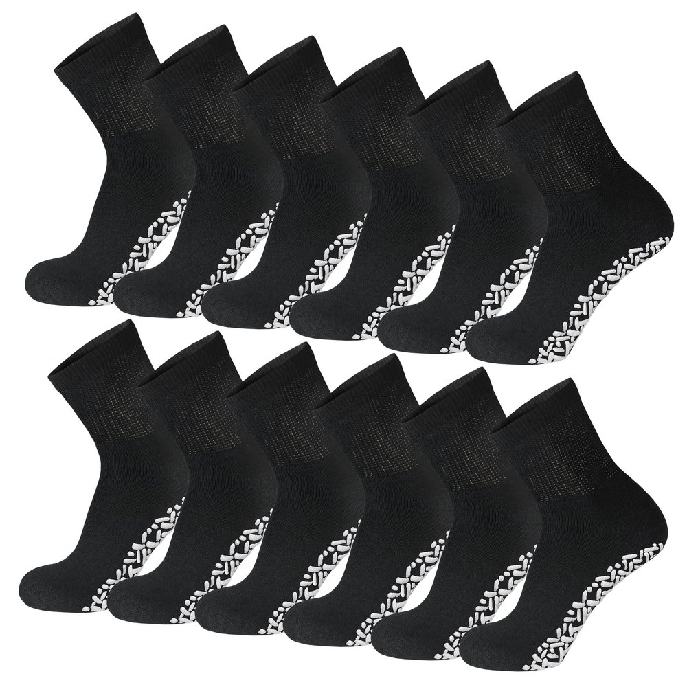 12 Pairs of Non-Skid Diabetic Cotton Quarter Socks with Non Binding Top (Black, 10-13)