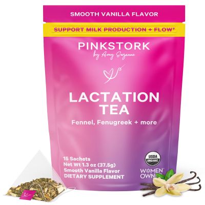 Pink Stork Organic Lactation Tea  Fenugreek, Fennel, Milk Thistle + More  Support for Breastfeeding, Pumping, Hydration, Milk Flow  Smooth Vanilla  15 Sachets, Caffeine-Free