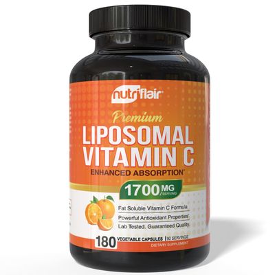 NutriFlair Liposomal Vitamin C 1700mg, 180 Capsules - High Absorption, Fat Soluble VIT C, Higher Bioavailability Immune System Support & Collagen Booster, Non-GMO, Vegan Pills