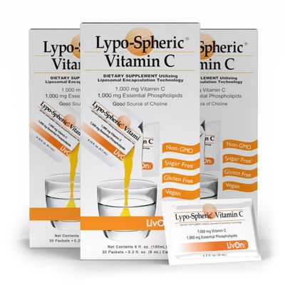LivOn Laboratories LypoSpheric Vitamin C 3 Cartons (90 Packets) 1,000 mg Vitamin C & 1,000 mg Essential Phospholipids Per Packet Liposome Encapsulated for Improved Absorption 100% NonGMO