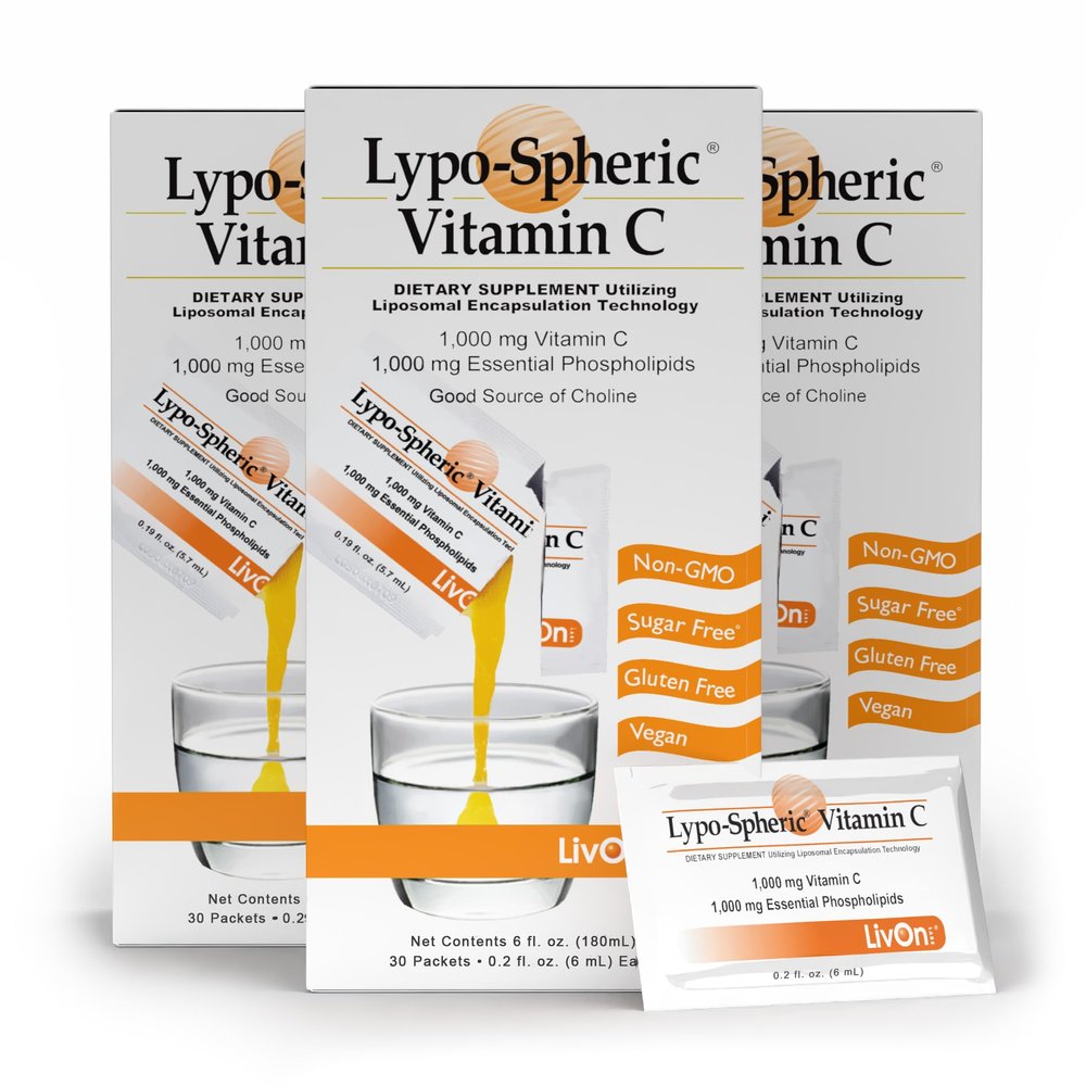 LivOn Laboratories LypoSpheric Vitamin C 3 Cartons (90 Packets) 1,000 mg Vitamin C & 1,000 mg Essential Phospholipids Per Packet Liposome Encapsulated for Improved Absorption 100% NonGMO