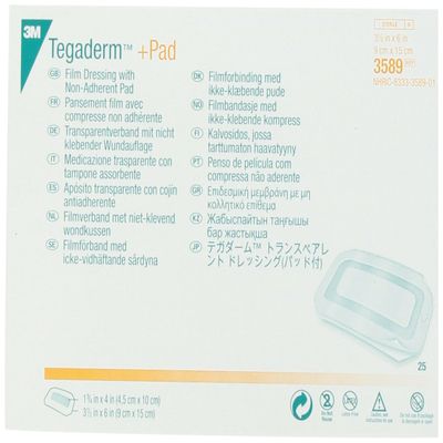 3M Tegaderm +Pad Film Dressing with Non-Adherent Pad, Sterile Dressing With Waerproof Bacterial Barrier and Absorbent Pad, 3.5" x 6", Box of 25