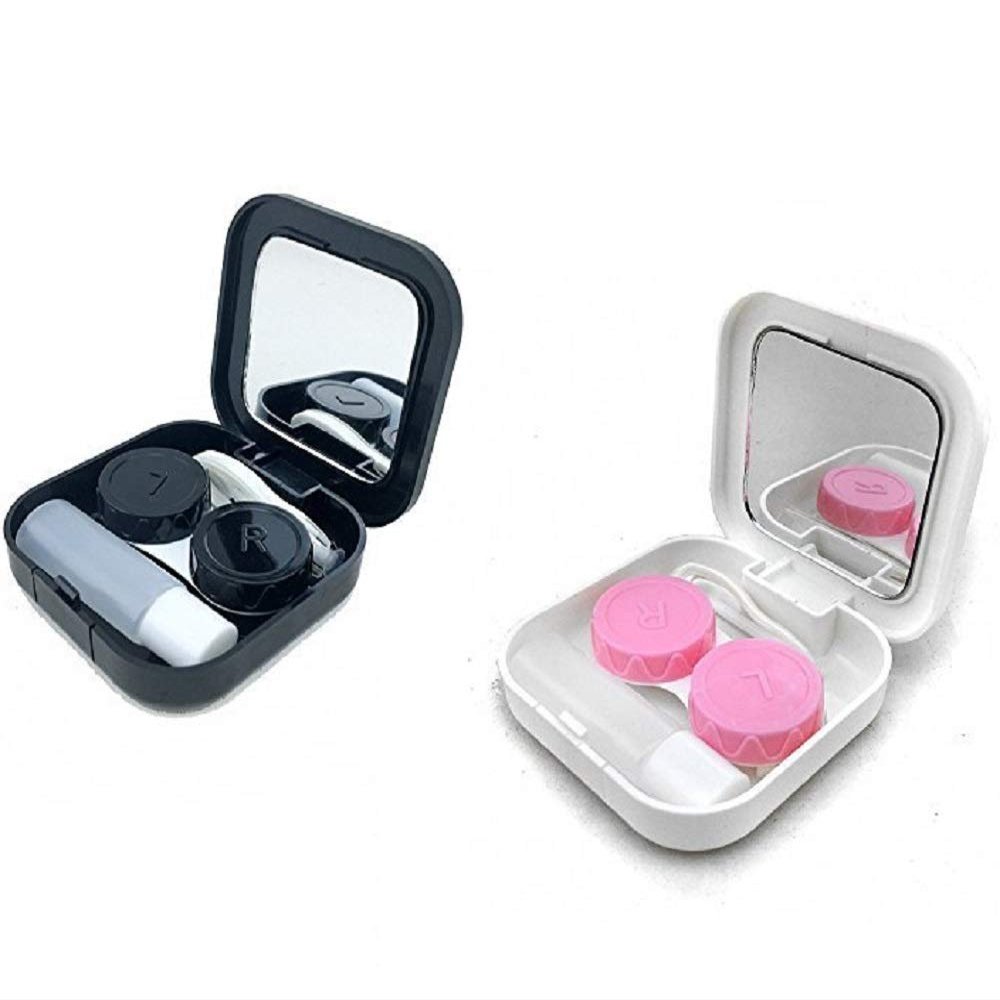 Contact Lens Cases Kits, Portable Travel Used Contact Lenses Kit, Mirror, Tweezers, Storage Flask, Double Cassette, Wear Stick, 2 Sets (Black & White)