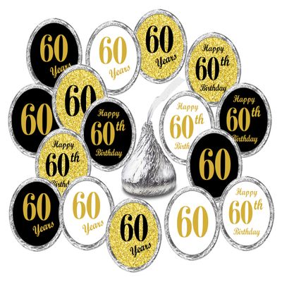 60th Birthday Kisses Stickers, (Set of 324) Chocolate Drops Labels for 60th Birthday, Party Favors Decor for Hershey's Kisses. Made in USA, 9 Designs (36 Stickers of Each)