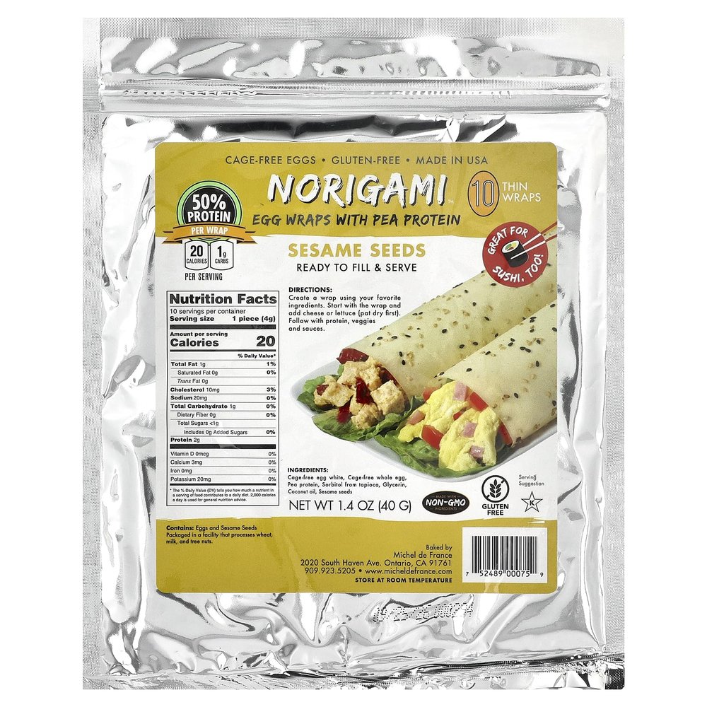 Norigami Egg Wraps with Pea Protein Sesame Seeds. High Protein, Low Carb, Vegetarian. Thin Healthy Wraps -Certified Kosher, Non-GMO, Gluten Free -NOW Featuring 10 Wraps in a bag.