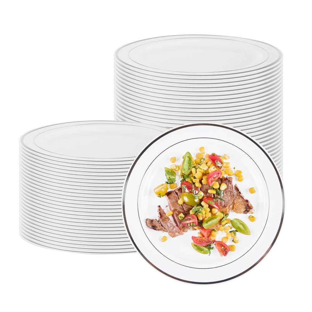 Restaurantware 10.5 x 10.5 Inch Disposable White Plates 100 With Silver Trim Plastic Dinner Plates - Round Unique Design White Plastic Disposable Party Plates For Weddings Or Events