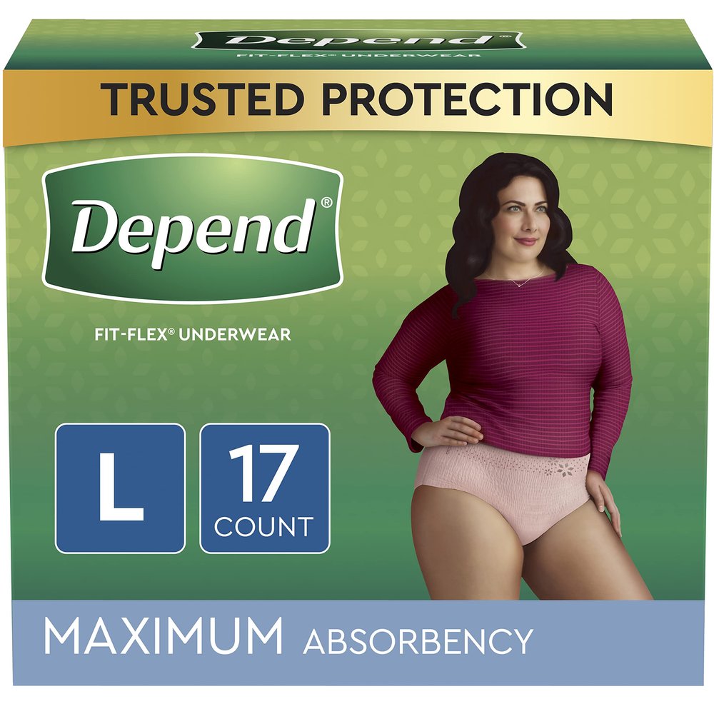 Depend FIT-FLEX Incontinence Underwear for Women, Disposable, Maximum Absorbency, Large, Blush, 34 Count (2 Packs of 17)