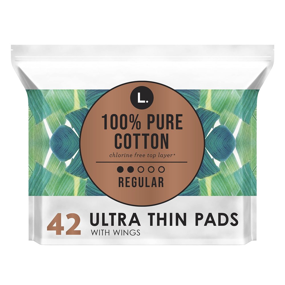 L. Ultra Thin Unscented Pads with Wings, Regular Absorbency, 42 Ct, 100% Pure Cotton Chlorine Free Top Layer