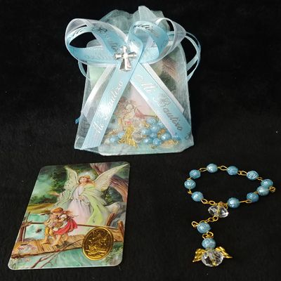 12 ORGANZAS AZULES. RECUERDOS PARA BAUTIZO. MISTERIO TARJETA LAMINADA CON MEDALLA ANGEL DE LA GUARDIA