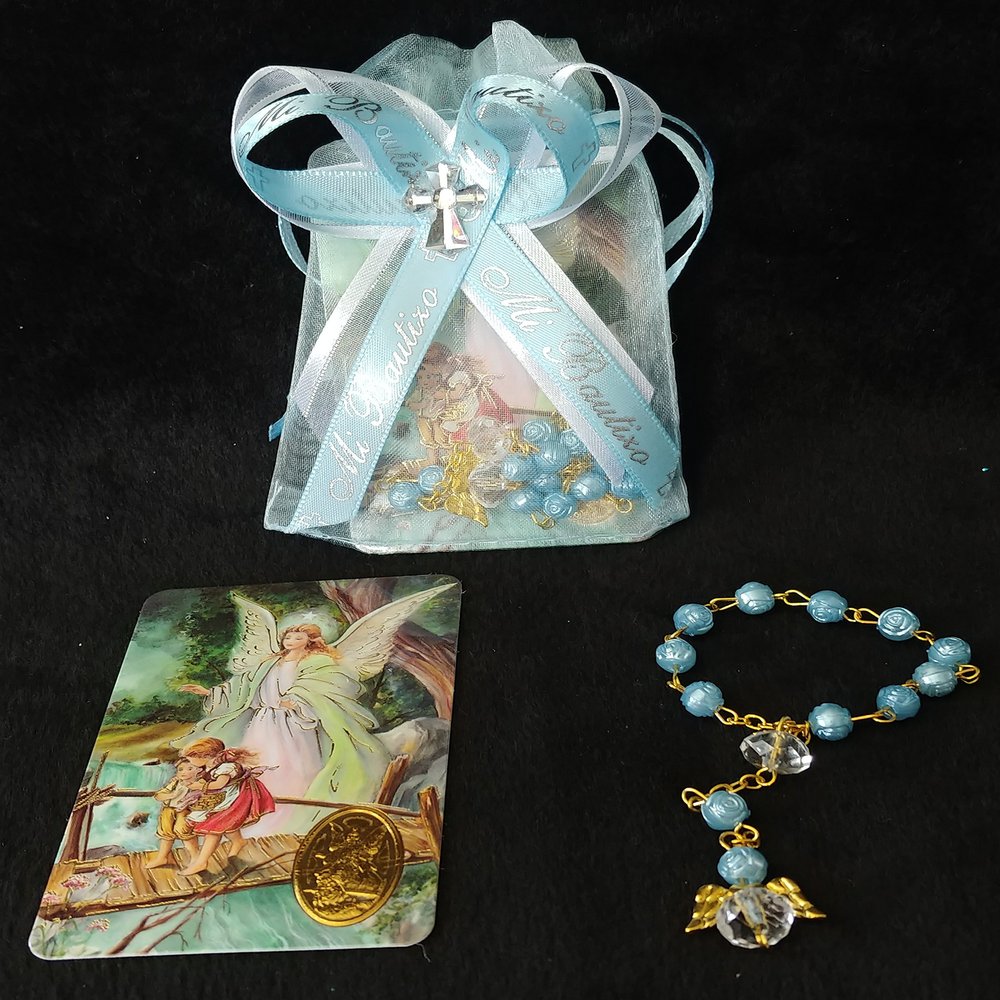 12 ORGANZAS AZULES. RECUERDOS PARA BAUTIZO. MISTERIO TARJETA LAMINADA CON MEDALLA ANGEL DE LA GUARDIA