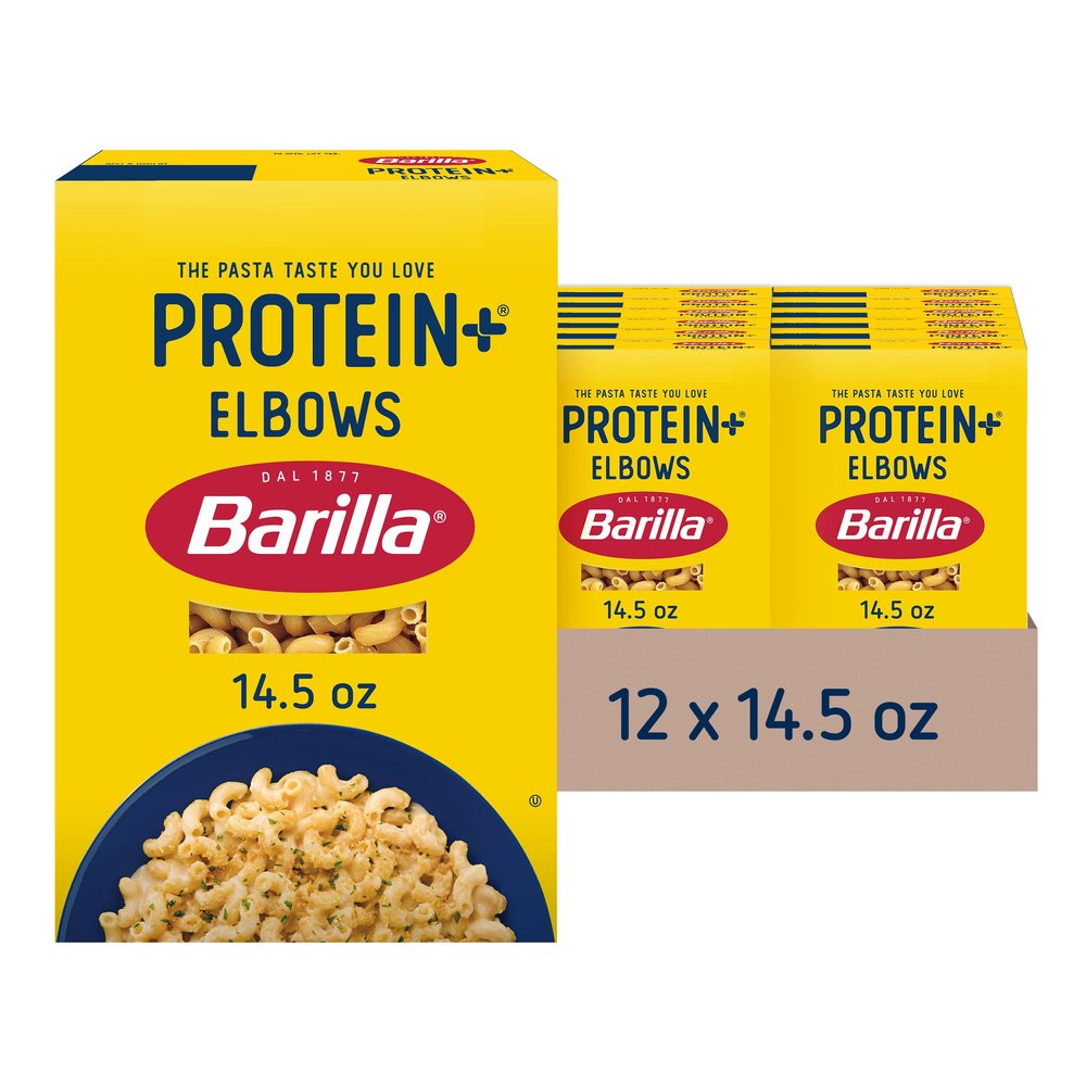 Barilla Protein+ (Plus) Elbows Pasta, 14.5 Ounce (Pack of 12) - plant based - Made from Lentils, Chickpeas & Peas - Non-GMO, Kosher Certified