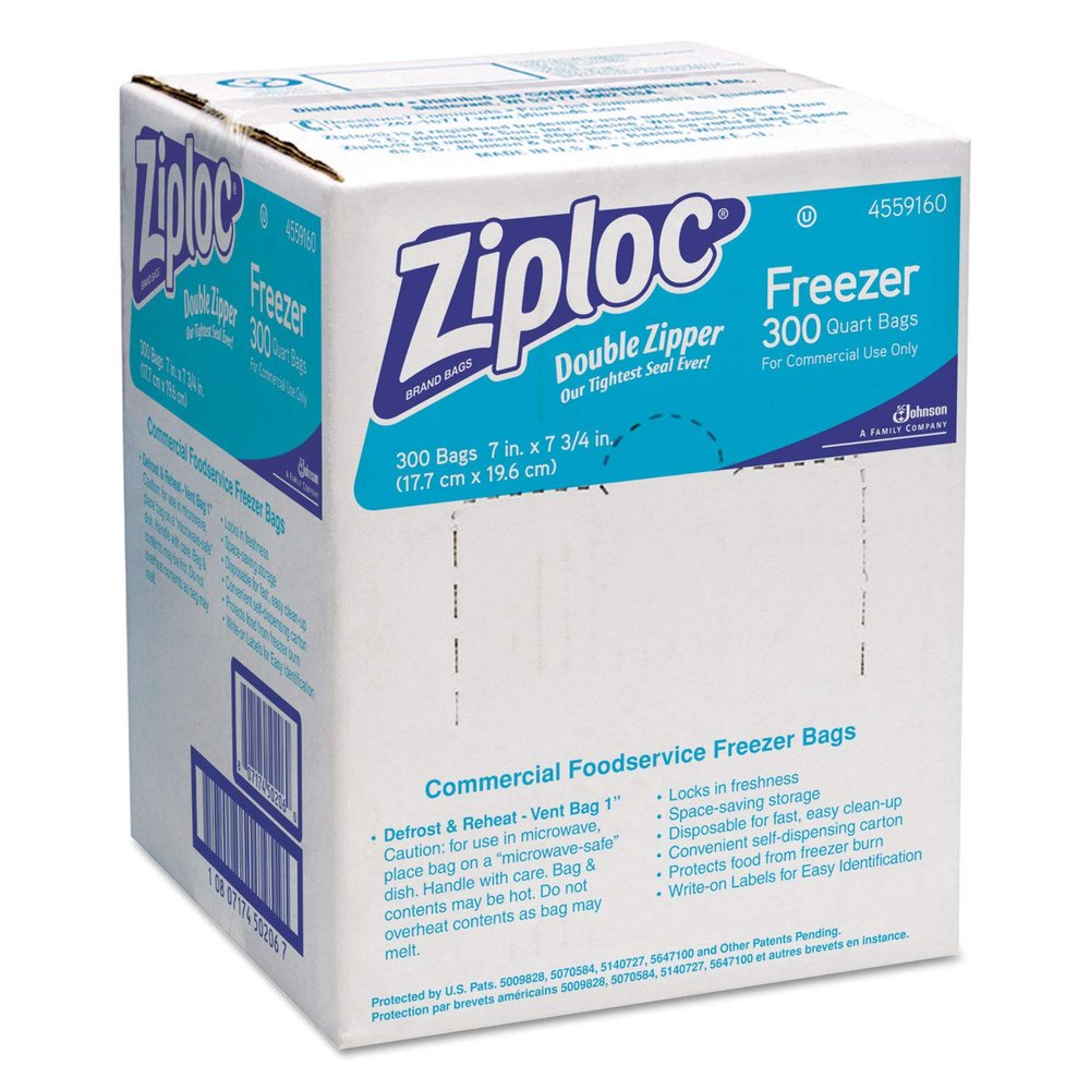 Ziploc 696187 Double Zipper Freezer Bags, 1Qt, 2.7Mil, 7 X 7 3/4, Clear W/Label, 300/Carton
