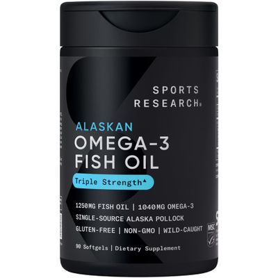 Sports Research Omega-3 Fish Oil 1250 - Triple Strength Fish Oil Supplement from Wild Alaska Pollock - MSC Certified Sustainable  Non-GMO  Soy Free - 90 Softgel Capsules