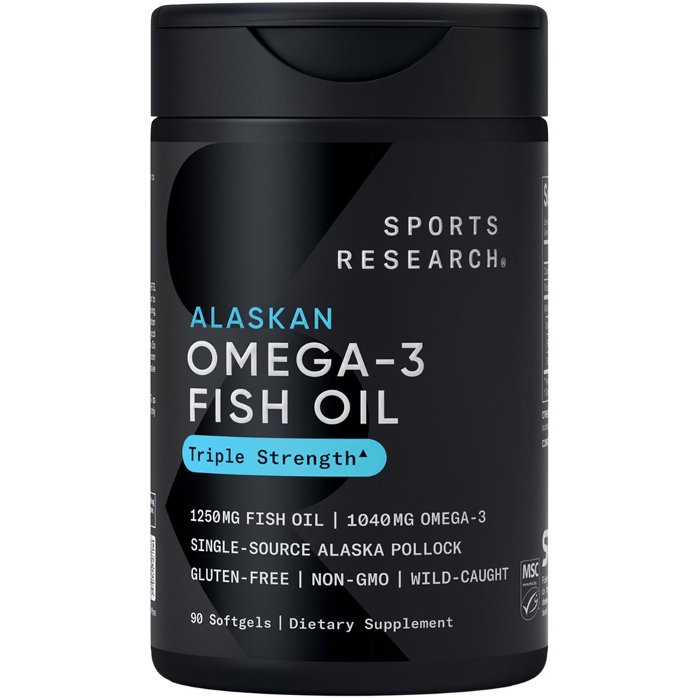 Sports Research Omega-3 Fish Oil 1250 - Triple Strength Fish Oil Supplement from Wild Alaska Pollock - MSC Certified Sustainable  Non-GMO  Soy Free - 90 Softgel Capsules