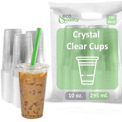 Clear Plastic Disposable Cups with Lids and Smoothie Straws 100 count - 10 oz (ounces) Clear PET Cup for Smoothies, Protein Shakes, Bubble Tea, Iced Coffee, Boba, Fresh Juice, Meal Prep, Party Cup