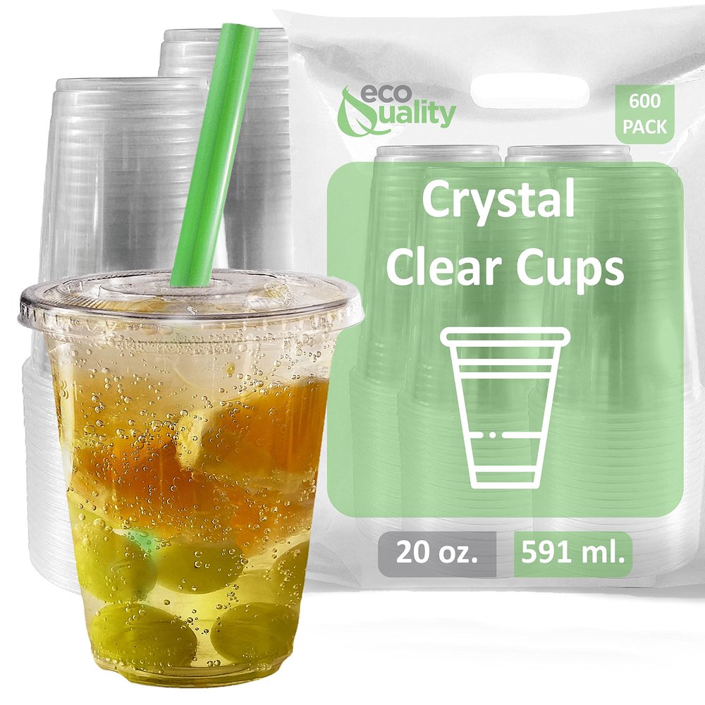 Clear Plastic Disposable Cups with Lids and Smoothie Straws 600 count - 20 oz (ounces) Clear PET Cup for Smoothies, Protein Shakes, Bubble Tea, Iced Coffee, Boba, Fresh Juice, Meal Prep, Party Cup