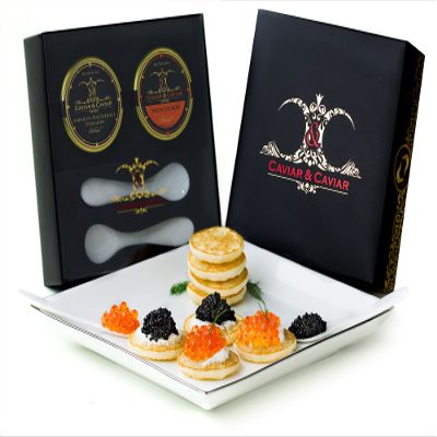 GUARANTEED FRESH! C&C "American" Gourmet Luxury Caviar Gift Basket - 1oz Premium Sturgeon - 1oz Fresh Alaskan Salmon Keta Roe *FREE 2 Spoons*