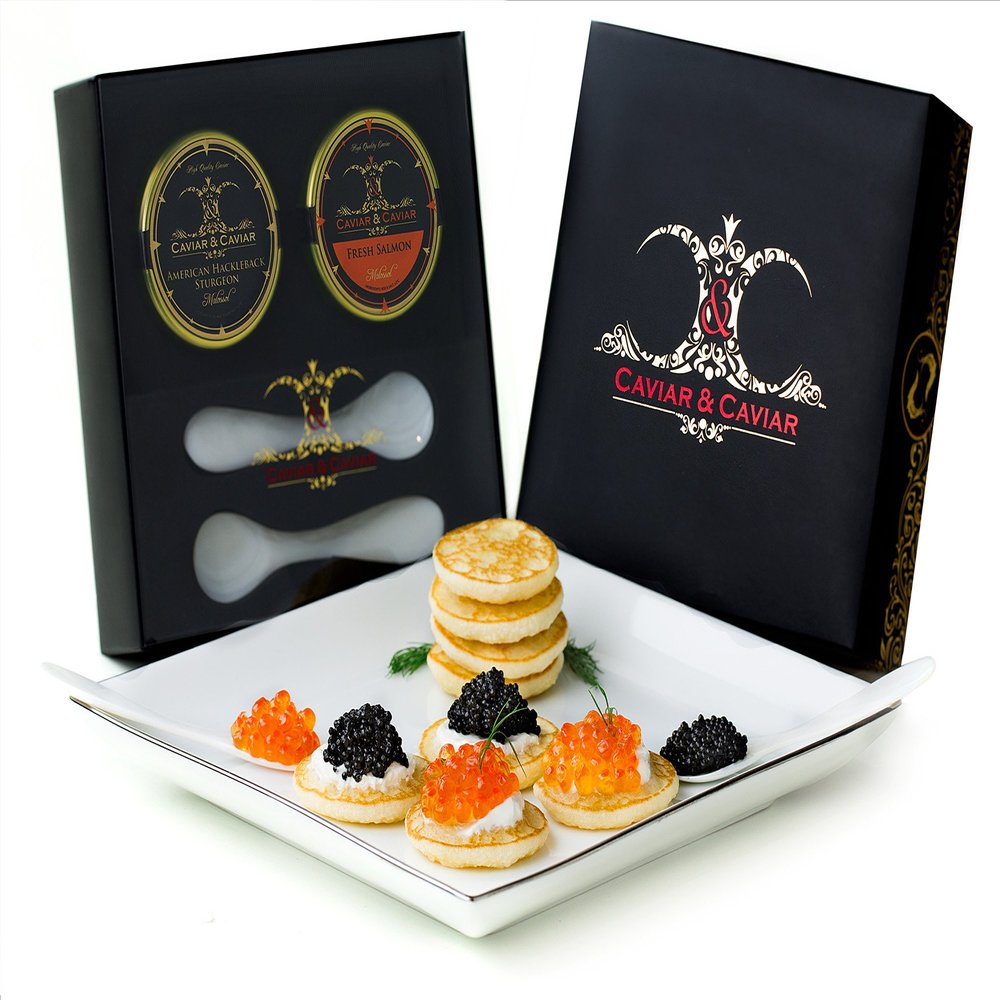 GUARANTEED FRESH! C&C "American" Gourmet Luxury Caviar Gift Basket - 1oz Premium Sturgeon - 1oz Fresh Alaskan Salmon Keta Roe *FREE 2 Spoons*