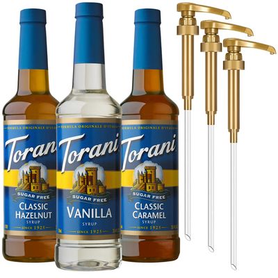 Torani Sugar Free Syrup, Coffee Lovers Variety 3-Pack, Vanilla, Classic Caramel, Classic Hazelnut Syrup for Drinks, Zero Calories, Pumps Included, 25.4 Fl Oz Ea