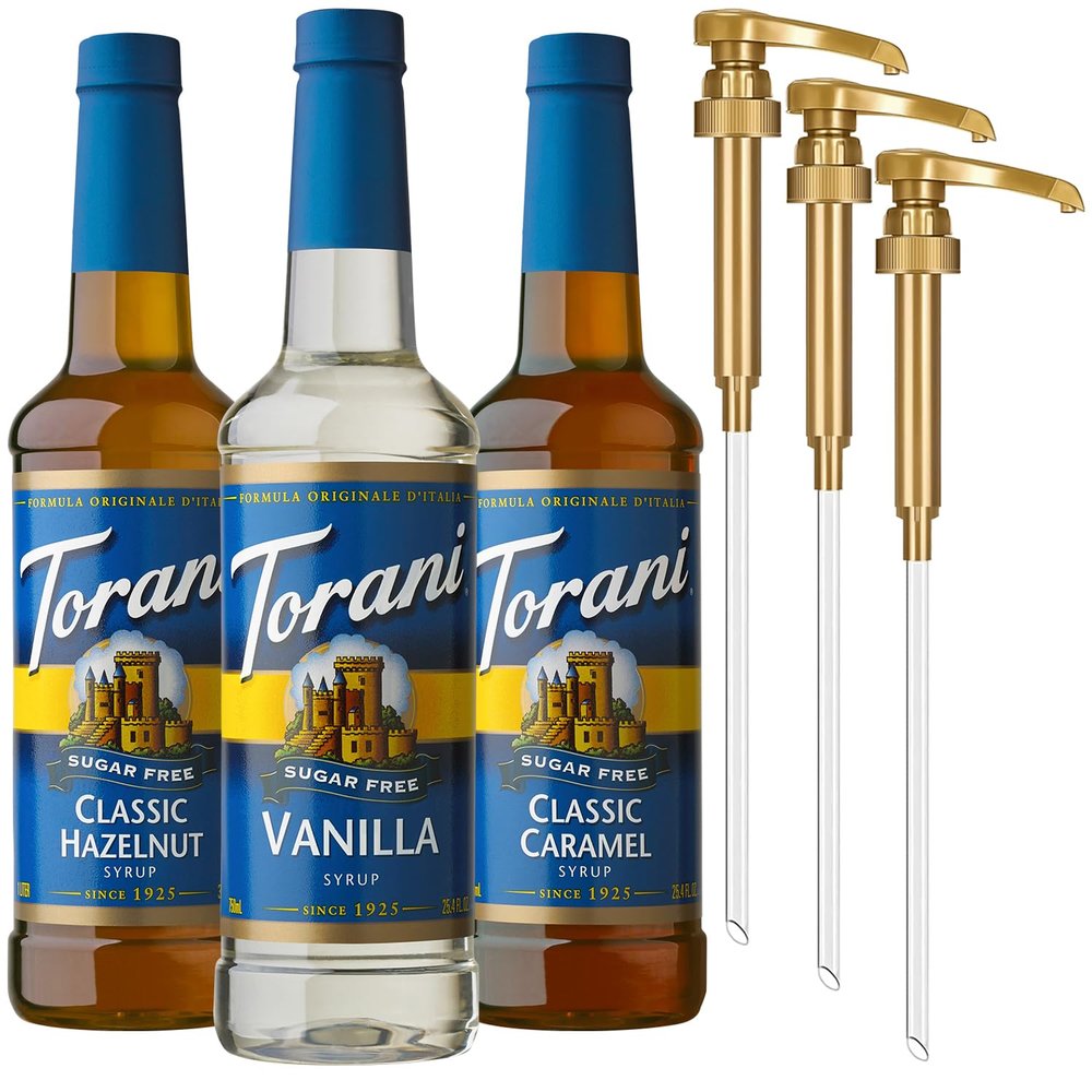 Torani Sugar Free Syrup, Coffee Lovers Variety 3-Pack, Vanilla, Classic Caramel, Classic Hazelnut Syrup for Drinks, Zero Calories, Pumps Included, 25.4 Fl Oz Ea
