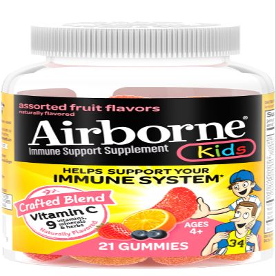 Airborne Vitamin C 500mg (per Serving) Kids Assorted Fruit Flavored Gummies (21 Count in a Bottle), Gluten-Free Immune Support Supplement with Vitamins A C E, Selenium, Echinacea & Ginger