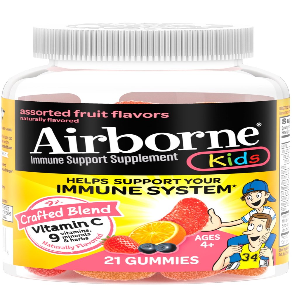 Airborne Vitamin C 500mg (per Serving) Kids Assorted Fruit Flavored Gummies (21 Count in a Bottle), Gluten-Free Immune Support Supplement with Vitamins A C E, Selenium, Echinacea & Ginger