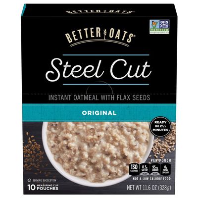 Better Oats Original Steel Cut Oatmeal Packets with Steel Cut Oats and Flax Seeds, Quick Oatmeal Pouches Ready in 2.5 Minutes, Original Flavor, 10 Pouches, 11.6 OZ Box