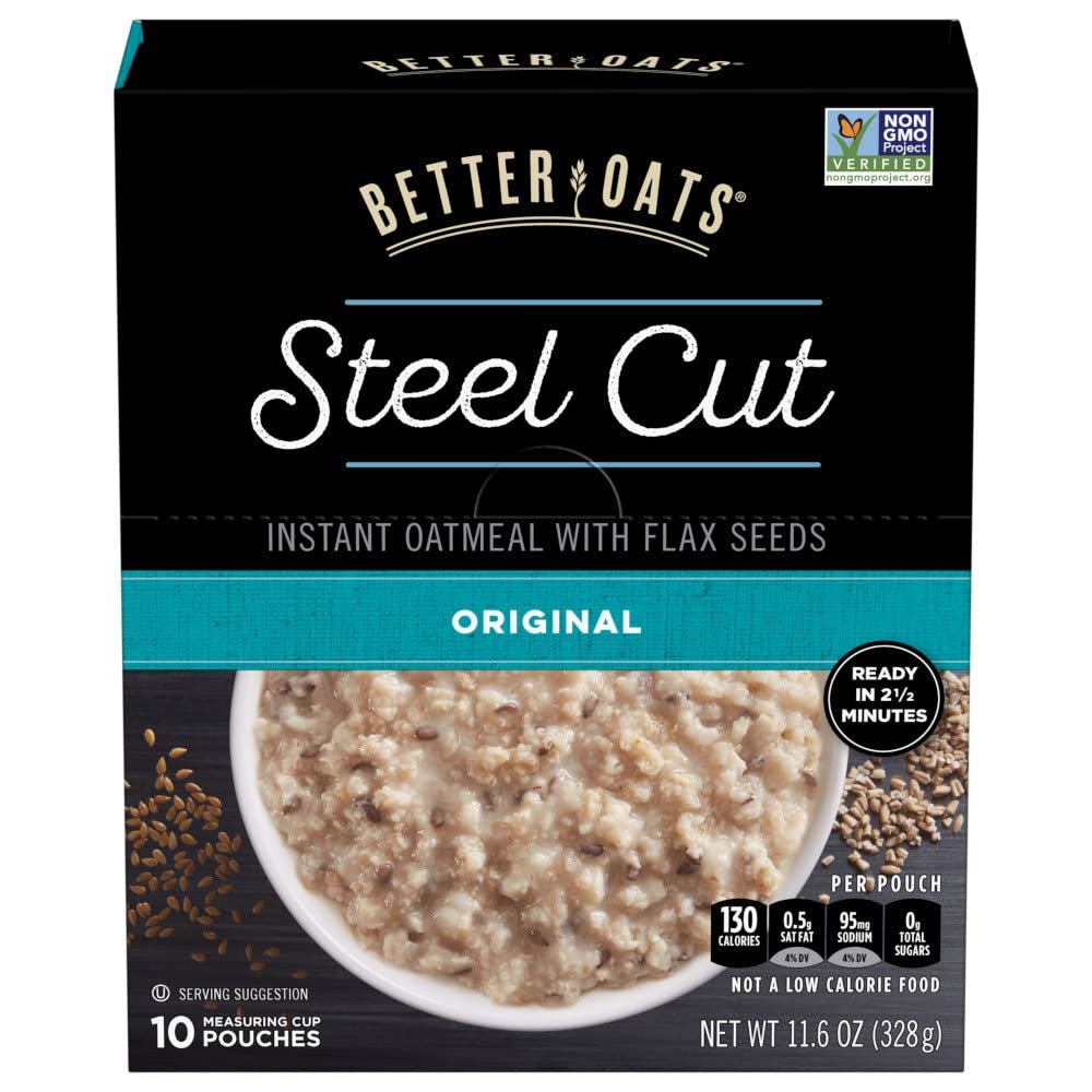 Better Oats Original Steel Cut Oatmeal Packets with Steel Cut Oats and Flax Seeds, Quick Oatmeal Pouches Ready in 2.5 Minutes, Original Flavor, 10 Pouches, 11.6 OZ Box