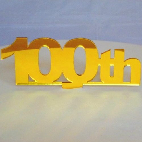 100th Cake Topper Yelllow Mirror - 10cm x 12cm inc spike