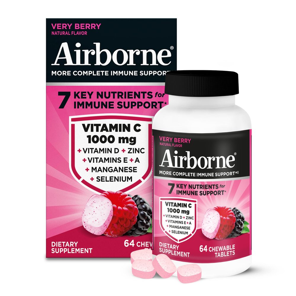 Airborne Berry Chewable Tablets, 64 count - 1000mg of Vitamin C - Immune Support Supplement