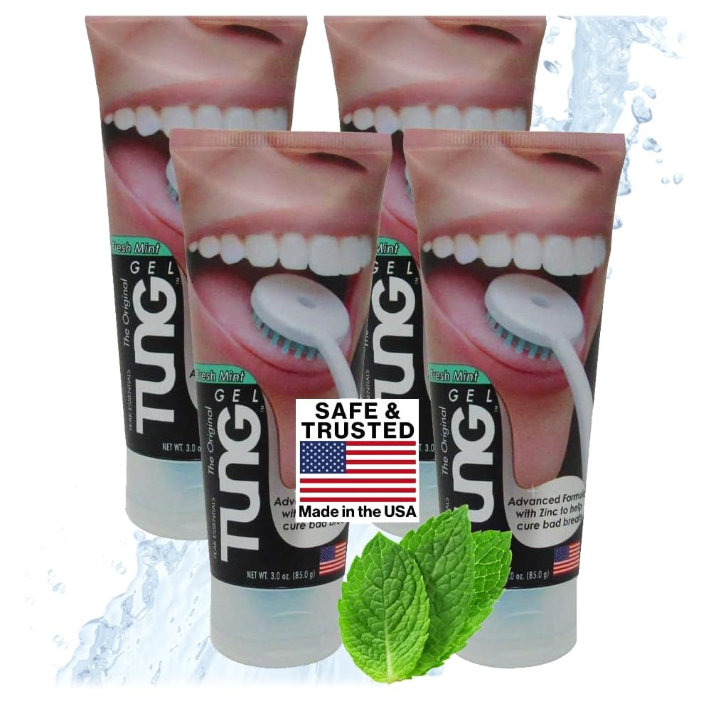 Tung Tongue Gel, Fresh Mint Tongue Cleaner Paste, Bad Breath Odor Eliminator, Halitosis Defense, BPA Free, USA Made (4-Pack)