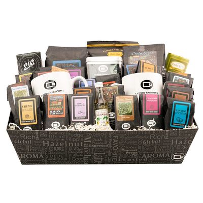 Coffee Beanery Gourmet Coffee Gift Basket - (21) Flavored & Unflavored Coffee Samplers - (2) Mugs - (2) 12oz Coffee Bags