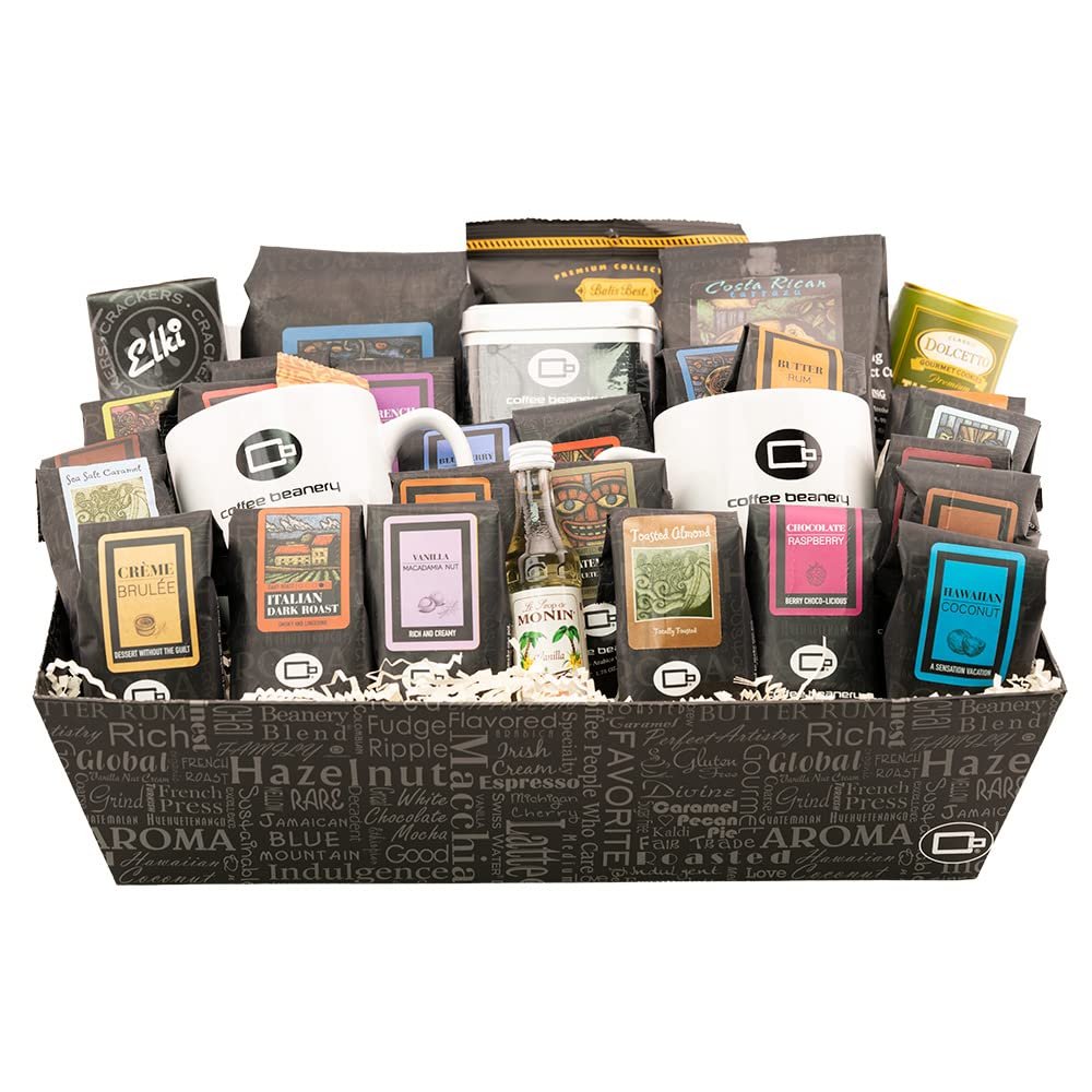 Coffee Beanery Gourmet Coffee Gift Basket - (21) Flavored & Unflavored Coffee Samplers - (2) Mugs - (2) 12oz Coffee Bags
