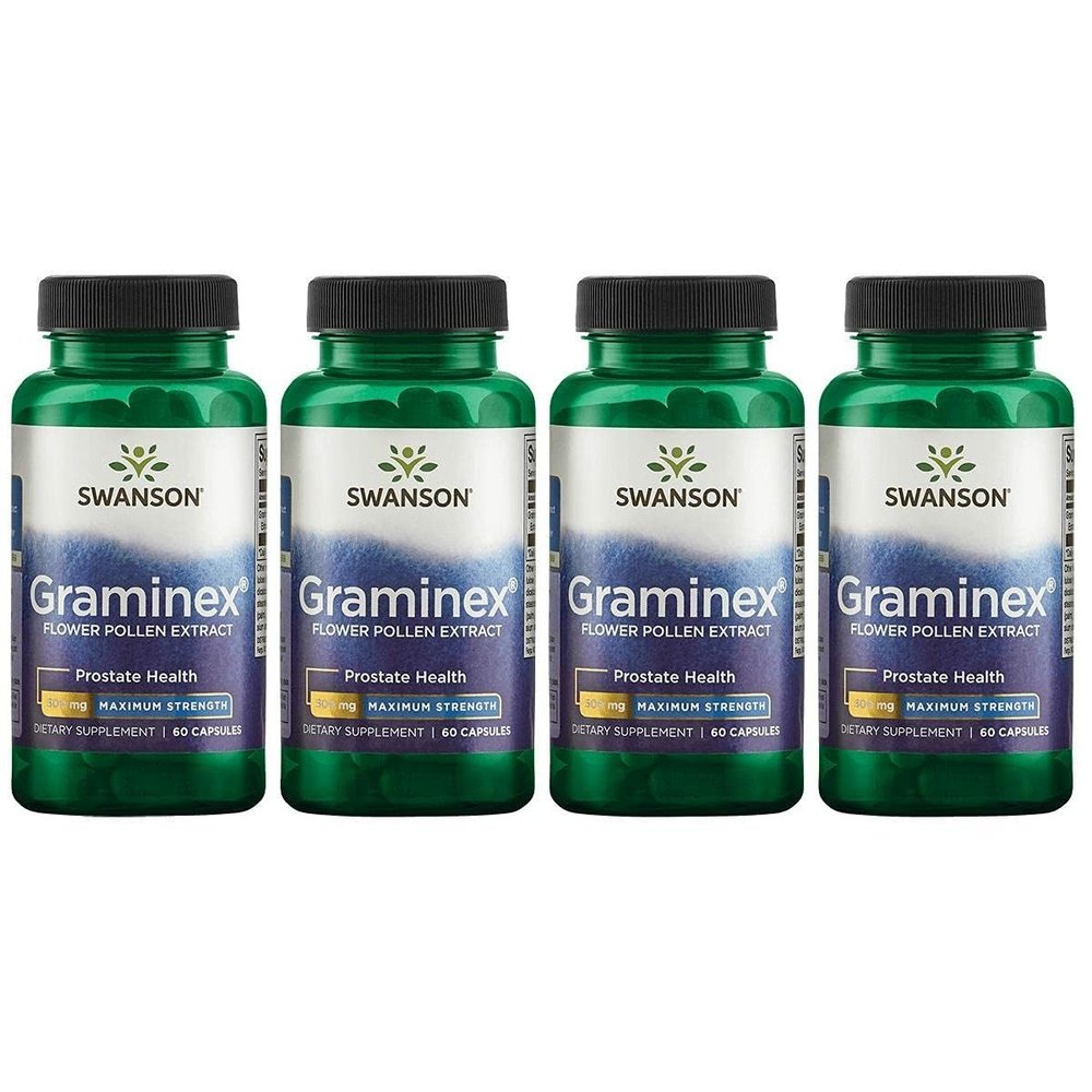 Swanson Maximum Strength Graminex Flower Pollen Extract - Supports Prostate Health, Urinary Tract Function, and Kidney Health - Mens Health Supplement - (60 Capsules, 500mg Each) (4 Pack)