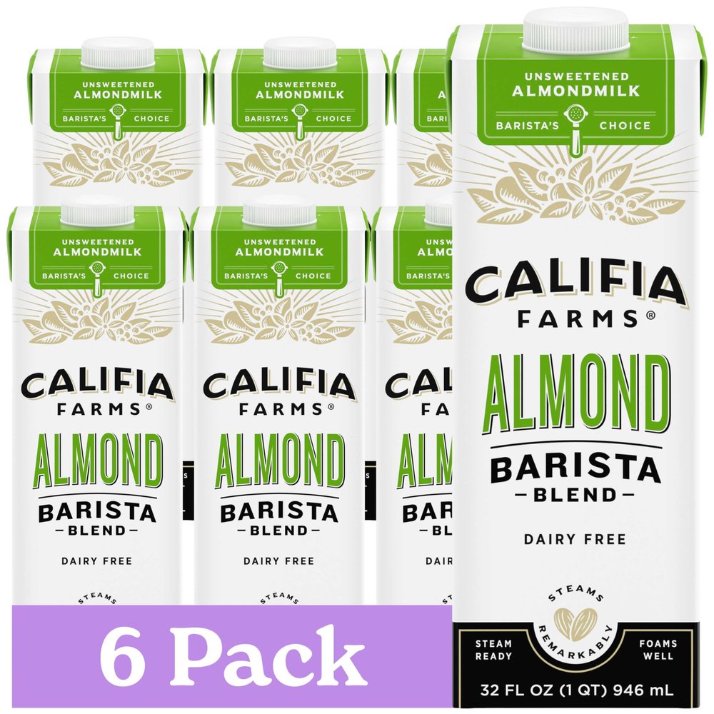 Califia Farms - Unsweetened Almond Barista Blend Almond Milk, 32 Oz (Pack Of 6), Shelf Stable, Dairy Free, Plant Based, Vegan, Gluten Free, Non GMO, Sugar Free, Milk Frother, Creamer