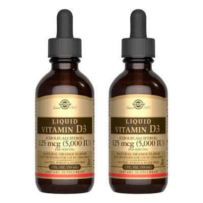 Solgar Liquid Vitamin D3 125 mcg (5,000 IU) - 2 fl oz, Pack of 2 - Natural Orange Flavor - Helps Maintain Healthy Bones & Teeth - Immune System Support - Gluten & Dairy Free - 118 Total Servings