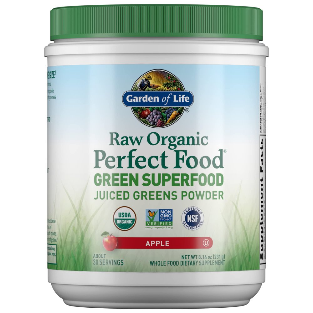 Garden of Life Raw Organic Perfect Food Green Superfood Juiced Greens Powder - Apple Flavor, 30 Servings - Vegan Gluten Free Whole Food Dietary Supplement, Greens Plus Probiotics & Enzymes