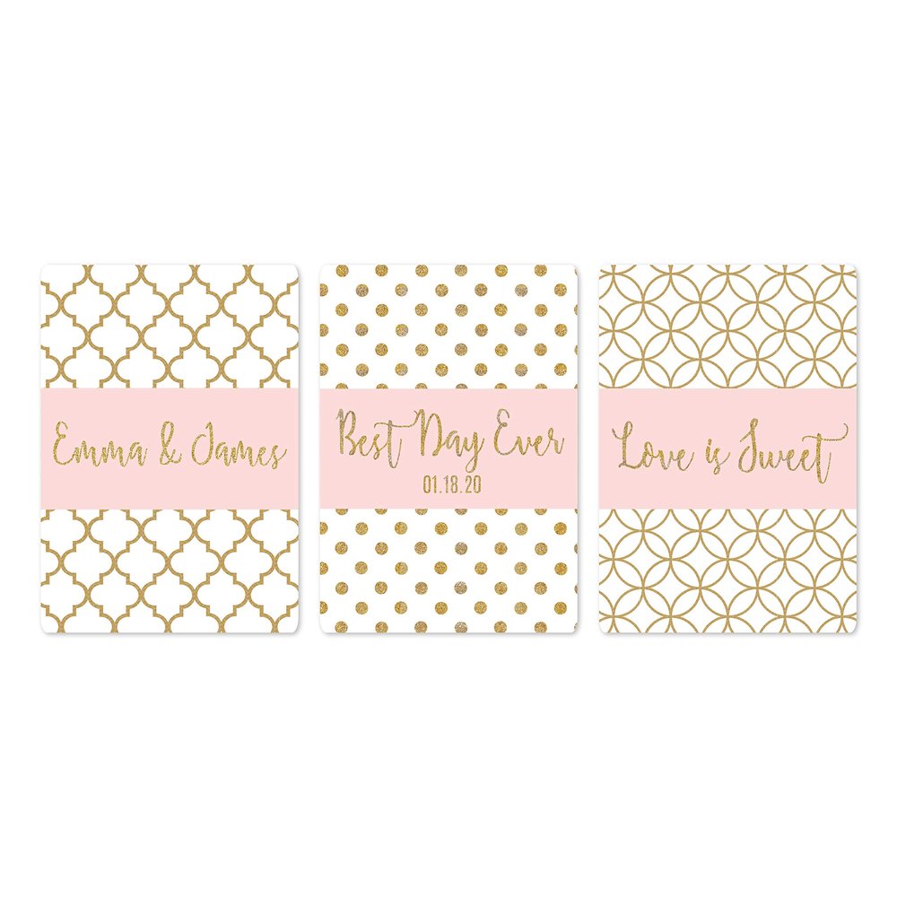 Andaz Press Blush Pink Gold Glitter Print Wedding Collection, Personalized Chocolate Minis Labels, Fits Chocolate Miniatures Party Favors, 36-Pack, Custom Name