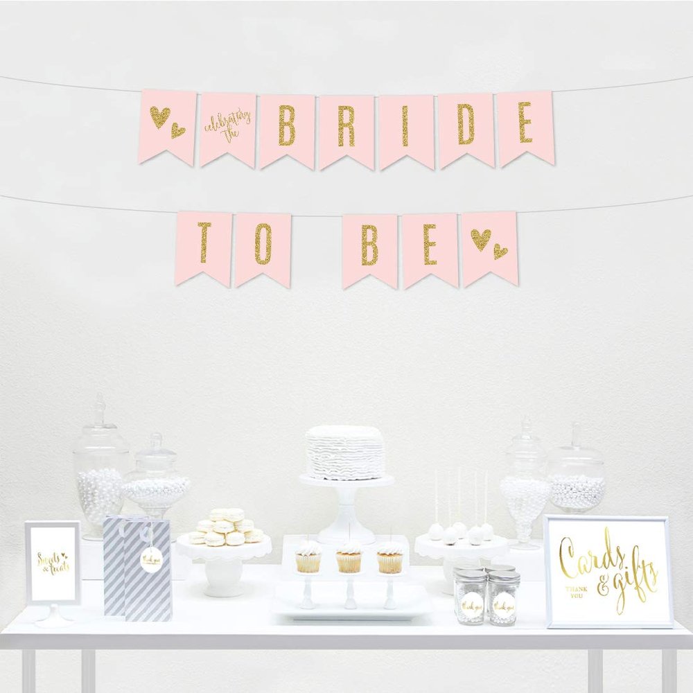 Andaz Press Blush Pink Gold Glitter Print Wedding Collection, Hanging Pennant Party Banner with String, Bride to Be, 5-Feet, 1 Set