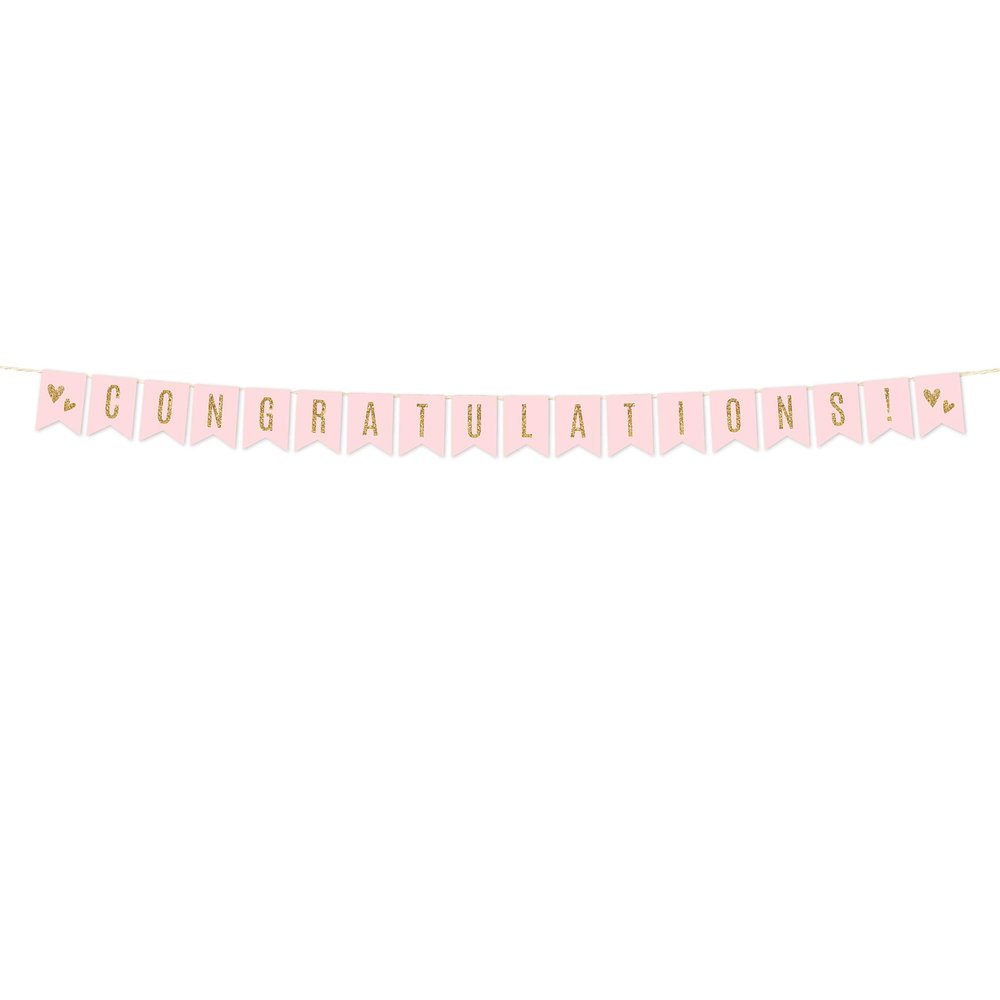 Andaz Press Blush Pink Gold Glitter Print Wedding Collection, Hanging Pennant Party Banner with String, Congratulations!, 5-Feet, 1 Set