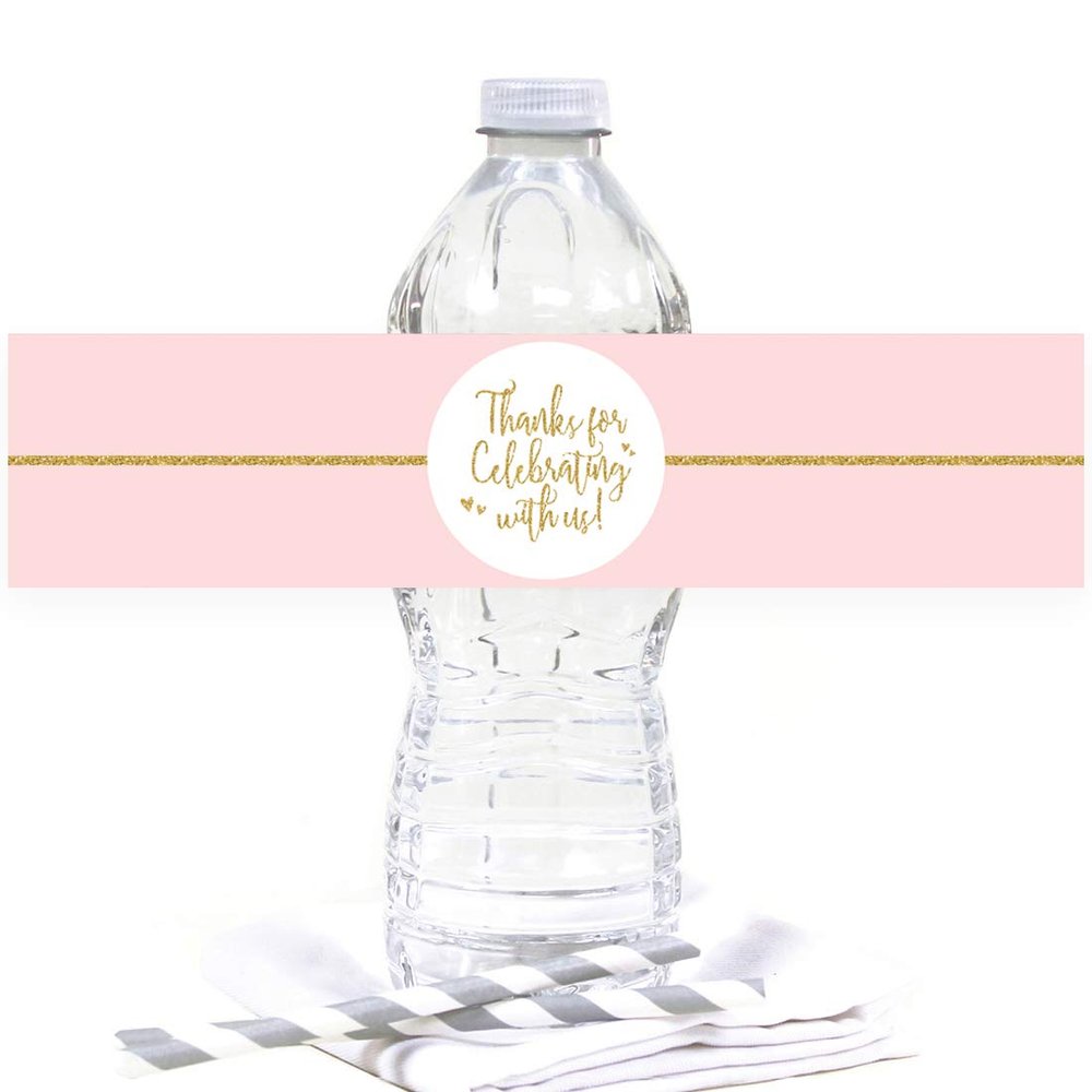Andaz Press Blush Pink Gold Glitter Print, Water Bottle Label Stickers, 20-Pack Bridal Shower Water Bottle Labels Sweet 16 Water Bottle Labels Pink Water Bottle Wraps Wedding Water Bottle Labels