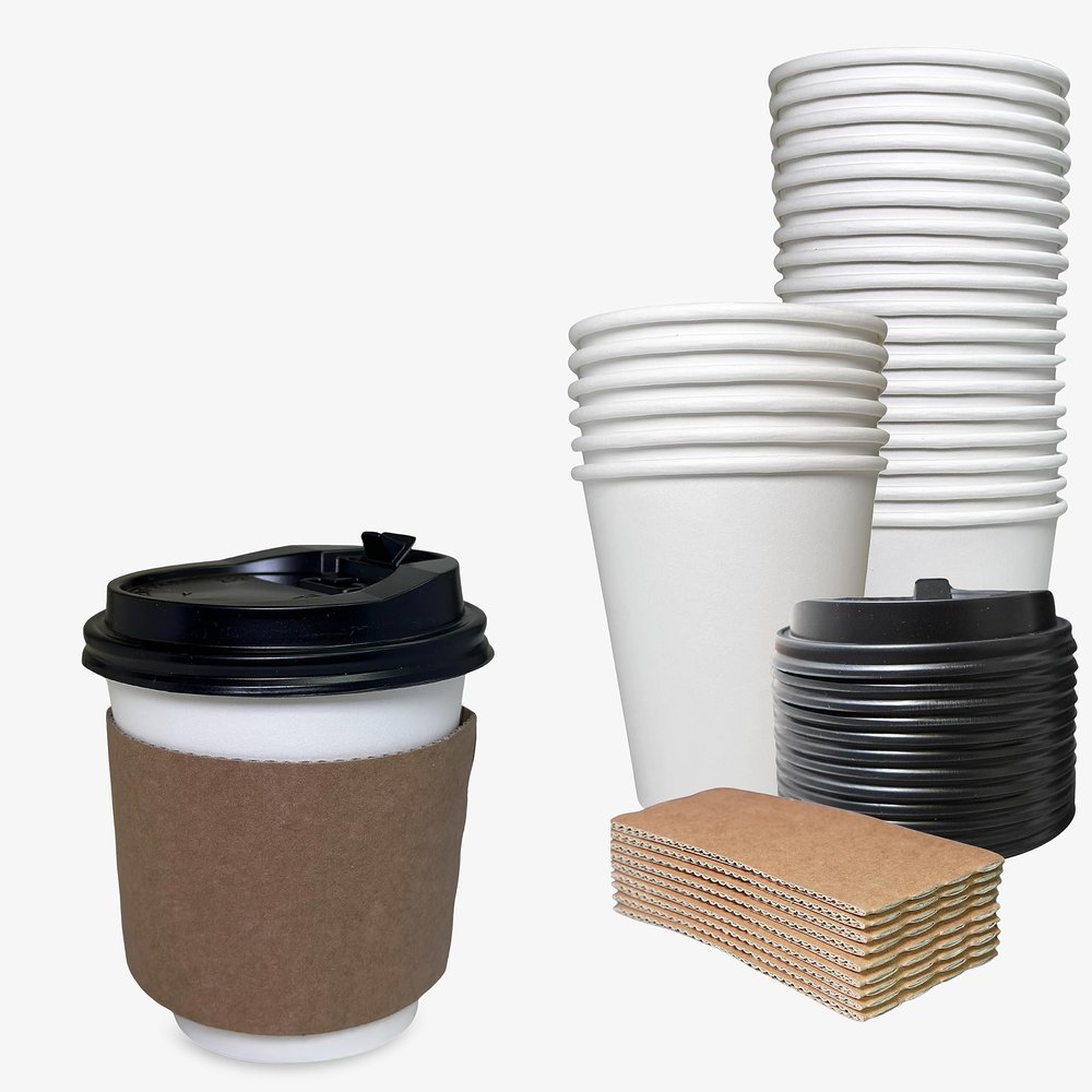 1000 Pack - 10 oz Disposable White Paper Coffee Cups with Black Dome Lids and Protective Corrugated Cup Sleeves - Perfect Disposable Travel Mug for Home, Office, Coffee Shop, Travel, Tea