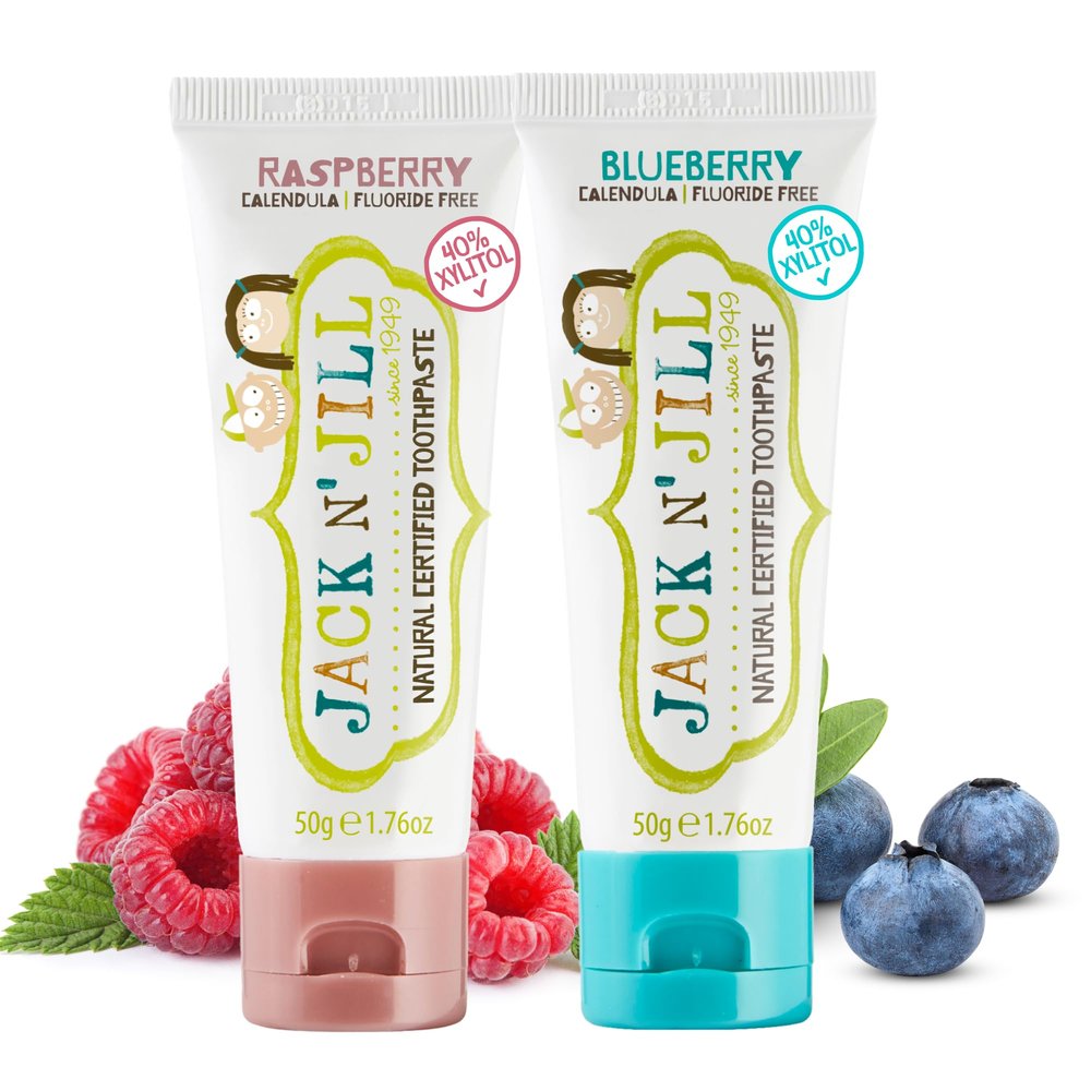 Jack N' Jill Natural Toothpaste for Baby and Infants - Fluoride Free Training Toothpaste, 40% Xylitol, BPA Free - Blueberry & Raspberry, 1.76 oz (Pack of 2)