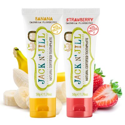Jack N' Jill Natural Toddler Toothpaste - Fluoride Free Training Toothpaste for Toddlers 1-3, 40% Xylitol, BPA Free - Strawberry & Banana 1.76 oz (Pack of 2)