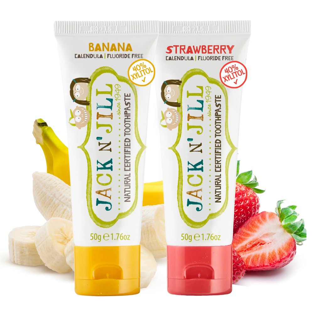Jack N' Jill Natural Toddler Toothpaste - Fluoride Free Training Toothpaste for Toddlers 1-3, 40% Xylitol, BPA Free - Strawberry & Banana 1.76 oz (Pack of 2)