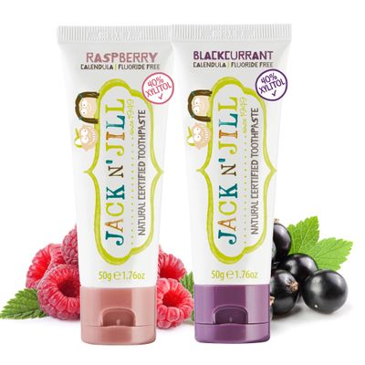 Jack N' Jill Natural Toddler Toothpaste - Fluoride Free Training Toothpaste for Toddlers 1-3, 40% Xylitol, BPA Free - Raspberry & Blackcurrant, 1.76 oz (2 Pack)