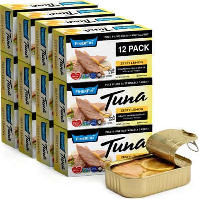 FinerFin Yellowfin Tuna Fillets in Organic Olive Oil | Zesty Lemon Flavor | Premium Canned Tuna Fish with EVOO | Gourmet Ready-to-Eat Pole & Line Caught Fillets | 4.4oz can - 12 Pack