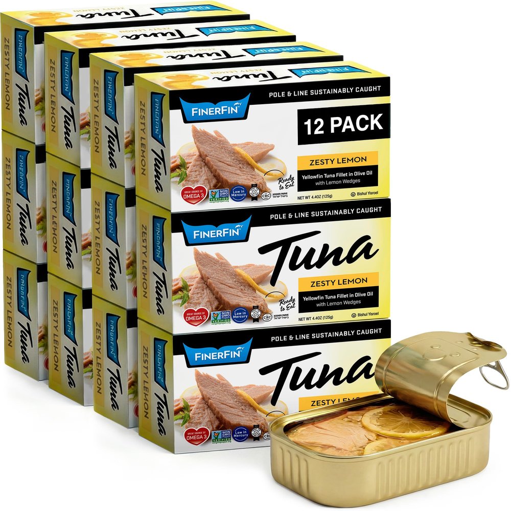 FinerFin Yellowfin Tuna Fillets in Organic Olive Oil | Zesty Lemon Flavor | Premium Canned Tuna Fish with EVOO | Gourmet Ready-to-Eat Pole & Line Caught Fillets | 4.4oz can - 12 Pack