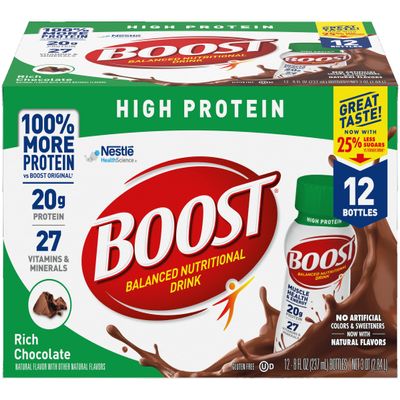 Boost High Protein Balanced Nutritional Drink, Rich Chocolate, Muscle Health & Energy with Protein, Vitamins & Minerals, 25% Less Sugars, 8 FL OZ Bottles, 12 CT (Pack of 1)